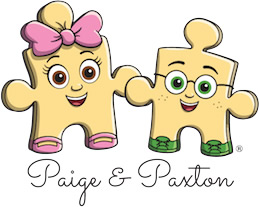 Cartoon puzzle pieces (Paige and Paxton)